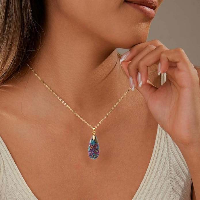 Sriomu Natural Healing Stone Chain Necklaces for Women Teardrop Gemstone Pendant Statement Gold Necklace