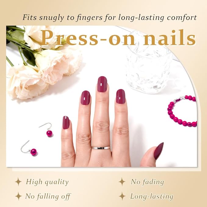 evpct Burgundy Red Medium Oval Glossy Press on Nails for Women Gift, Glossy Burgundy Red Fake Nail with Kits Manicure Kit, Soft Gel Full Cover Reusable Stick on Acrylic False Nails Perfectly Fit