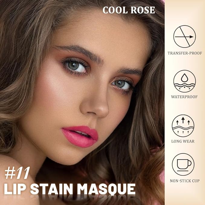 evpct Cool Rose Peel Off Lip Stain Tints with Tweezer, Matte Lipstick Lip Stain Gloss Long Lasting Waterproof for Women, Non-stick Cup Lipstick Peel Off High Pigmented 24 Hrs Original Lips Stains, 11