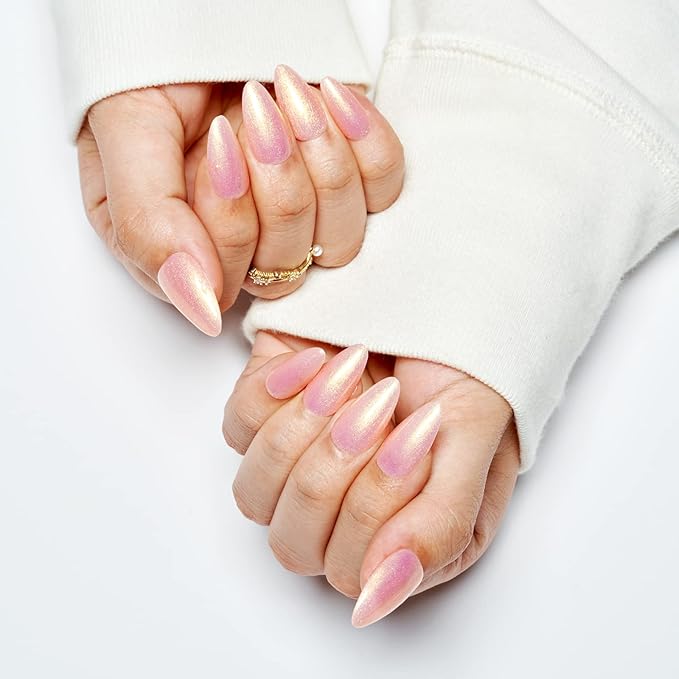 GLAMERMAID Press on Nails Medium Almond, Handmade Glossy Gel Nude Pink Golden Glitter Galaxy Fake Nails Shinny Stiletto, Short Oval Pearl Shimmer Acrylic False Nail Kits Stick Glue on Nails for Women