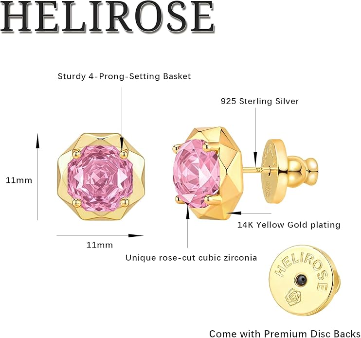 Cubic Zirconia Stud Earrings for Women | Rose Cut Simulated Diamond Earrings in 14K Gold Plated Sterling Silver Posts | Hypoallergenic Vintage Style | Wedding, Luxury Gift for Her