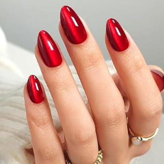 LAMIMOSA 32Pcs Bright Red Cat Eye Press On Nails Short Almond – Sparkling Red Fake Nails in 16 Sizes, Soft Gel Glue on Nails Kit, RUBY