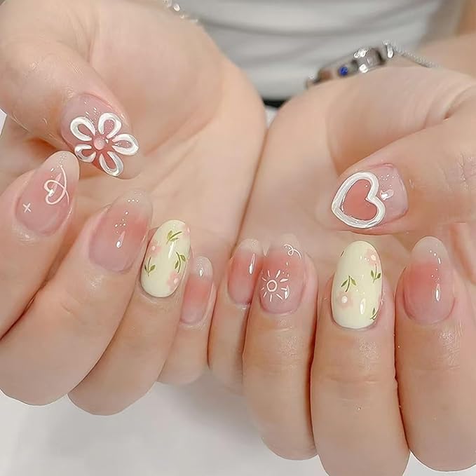 JONKASIPA Floral Press On Nails Square Pink Cute Patch Nails Reusable Adhesive Nails for Women 24 Pcs
