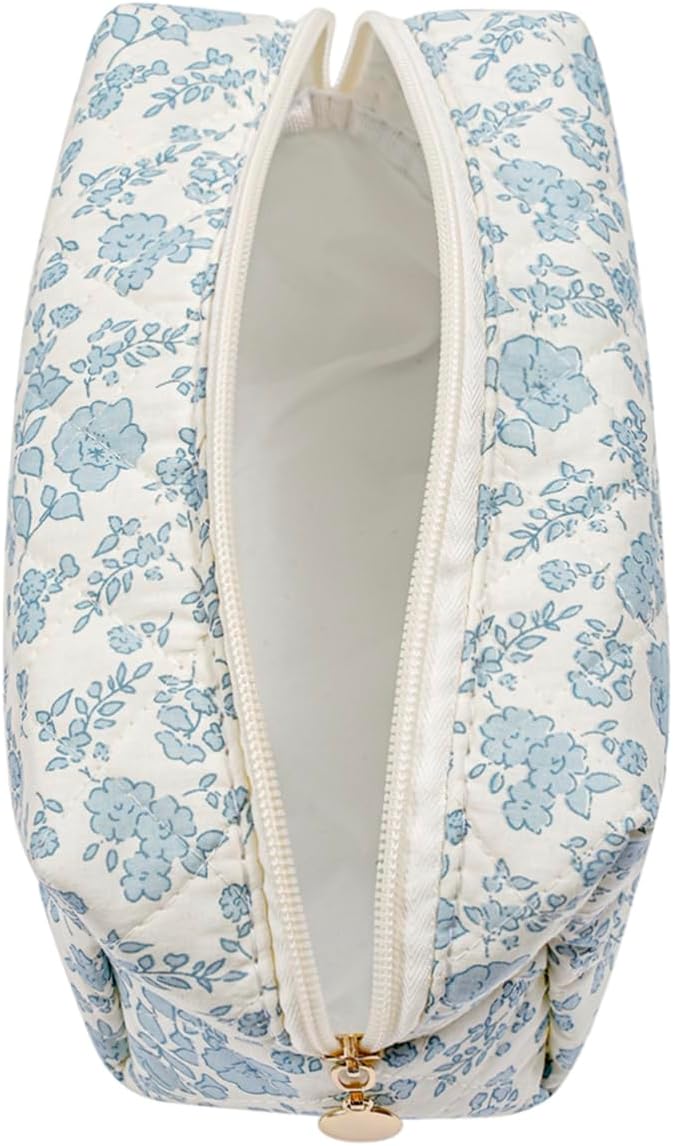 Cute Floral Makeup Bag Small Cotton Quilted Cosmetic Bag, Aesthetic Essential Bag Emergency Bag Gift for Women Girls Travel Accessories (Blue Floral)