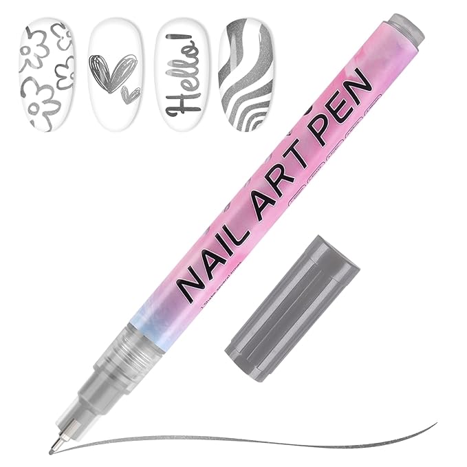 EBANKU 0.5MM Nail Art Pens Quick-Drying, 3D Nail Polish Pen Acrylic Markers Pens Painting Pen Nail Point Dotting Liner Pen Tools for DIY Home Salon Nail(1Pc Silver)