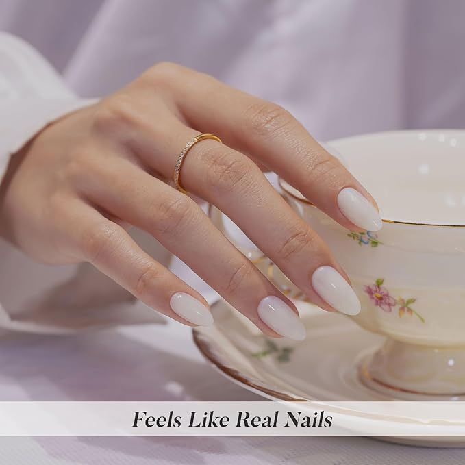 SHANGMENG White Press on Nails Short - Soft Gel Almond Press on Nails for Women Gift, Fit Perfectly & Natural Glue on Nails in 16 Sizes - 32 Reusable Fake Nails with Glue, Milky White