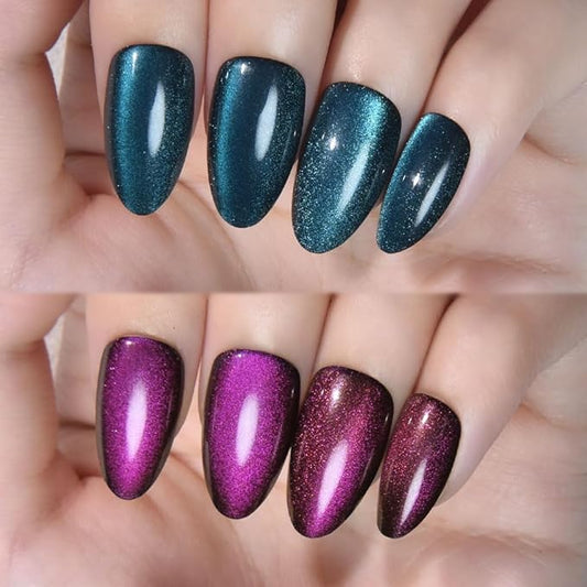 evpct Dark Blue Purple Press on Nails Almond Short, Purple Sapphire Blue Cat Eye Glitter Press on Nails for Women Gift, Soft Gel Press Stick on Nail with Nail Kit 60Pcs Reusable Acrylic Fake Nails Kit