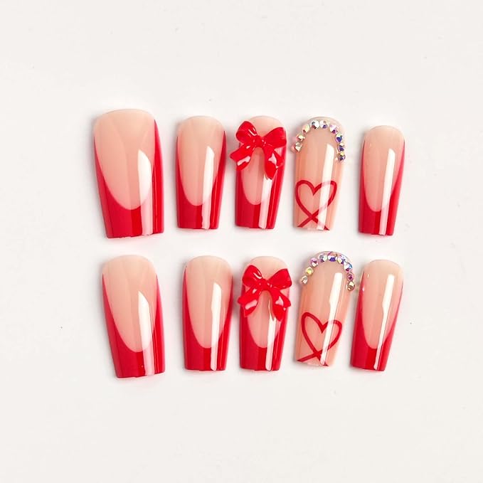 Medium Press on Nails Coffin - Red French Tip Fake Nails with Bow Heart Design - Glossy Full Cover Stick on False Nails with Rhinestone for Women Manicure 24 Pcs