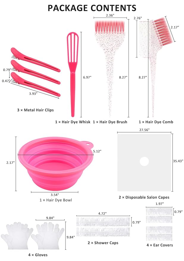 YOOVR 19PCS Hair Bleach Dye Kit with Hair Dye Brush and Bowl Whisk Hair Clips Protective Gear Set, Ideal for Hair Bleaching Coloring Highlighting, Essential Salon Supplies for Home Use (Pink)