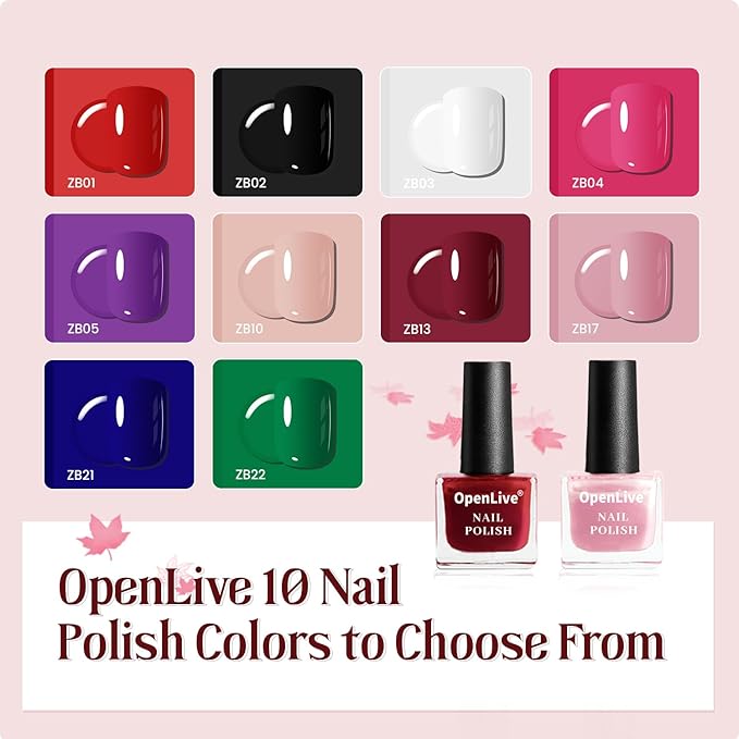 OpenLive 12 PCS Nail Polish Kit With 10 Colors As 2 PCS BASE And TOP Coat Green Blue Red Pink Collection Gifts for Women.