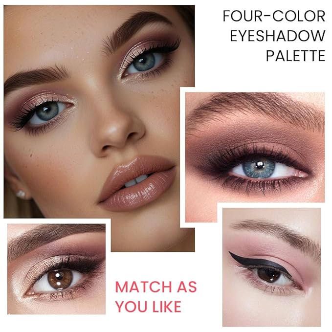 Nude Eyeshadow Quad Palette, Champagne Dusty Pink Plum Mauve Taupe Glitter Metallic Shimmer Matte High Pigment Mini Eyeshadow Eye Shadow Palette Makeup for older Women, Travel Size Built in Mirror