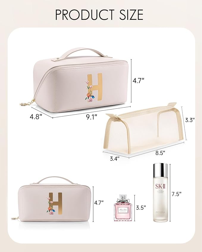 Vlando Gifts for Girls Travelers,Preppy Makeup Bag,Large Capacity Travel Makeup Bag,Monogrammed Graduation Gifts for Friends Female Daughter(Letter H)