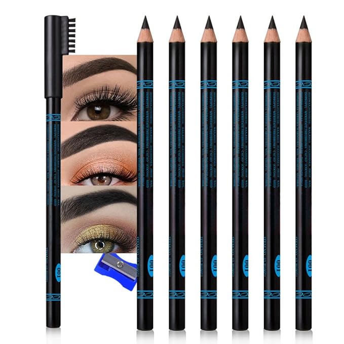 Eyebrow Pencils for Women with Sharpener, 6Pcs Hard-Core Wooden Eye Brow Eye Liner Pencils for Beginner Makeup, Waterproof & Sweat-Proof (Brown-6Pcs)