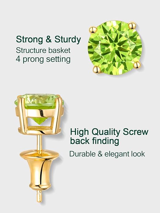Wyyxl Peridot Earrings 14K Gold Plated Sterling Silver August Birthstone Earrings for Men Women Hypoallergenic Round Cut 1-6 Carat Peridot Jewelry Party Everyday Wear