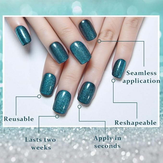 evpct Peacock Blue Cat Eye Press on Nails Short Square, Short Square Stick on Nail for Women Gift, Sapphire Blue Metallic Glitter Reusable Gel Press on Acrylic Fake Nail with Cat Eye Designs