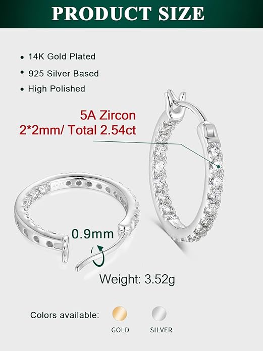 Wyyxl Womens Diamond Hoop Earrings, 20/25/30mm Small Hoop Sterling Silver Based Hypoallergenic Huggie Stud, Sparkle Moissanite 5a Cubic Zirconia Earings Jewelry for Woman Daily Party Wear