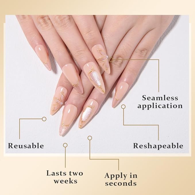 XZMeiLun French Tips Press on Nails Almond Medium Length - Stiletto Acrylic Fake Nails with 3D Gold Line Cat Eye Floral Design, Reusable Glue-On Stick for Fall Flower Fashion Nails for Women
