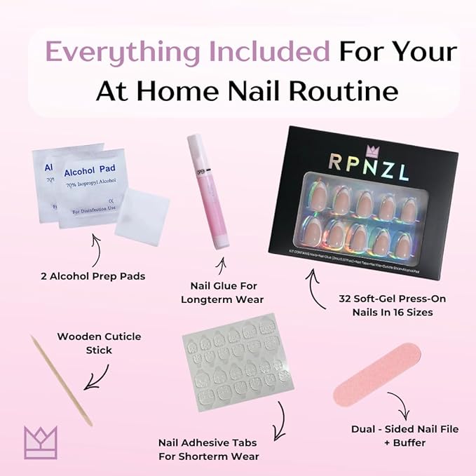 RPNZL Press On Nails - Café Latte | Chrome Ombre French Tip, UV Finish Almond Nails, Salon Quality | 32 Nails, 16 Sizes Kit with Glue and Adhesive Tabs I Female Founded