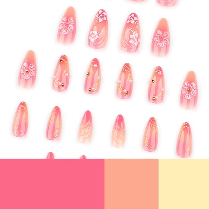 24Pcs French Tip Press on Nails Hand Painted Almond Fake Nails Nude Pink False with 3D Pearl Charms Designs Acrylic Artificial Nails Full Cover Summer Flower Nail Art Stick on Nails for Women