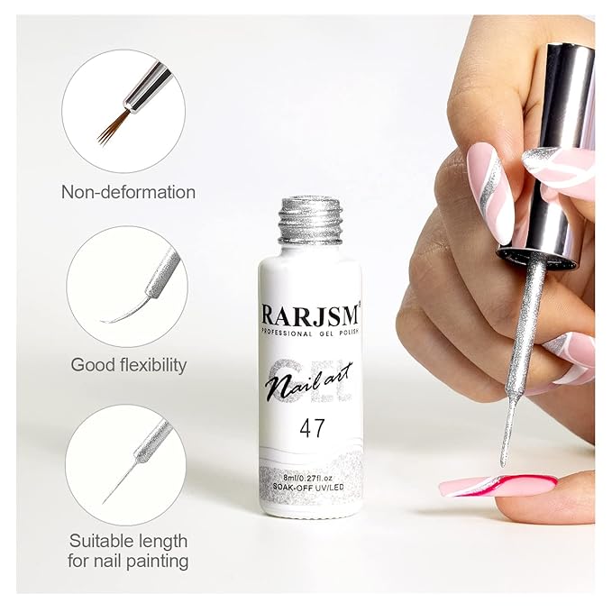 RARJSM Gel Liner Nail Art Silver Glitter Design Gel Nail Polish 1 Bottle 8ml Soak off UV LED Curing Requires Build in Thin Brush Striper GelPolish for Home Salon Diy Nail Manicure Painting Decoration