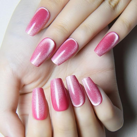evpct Rose Pink Cat Eye Coffin Press on Nails Square Medium, Medium Square Stick on Nail for Women, Rose Pink Metallic Glitter Glossy Reusable Summer Soft Gel Press on Acrylic Fake Nail with Designs