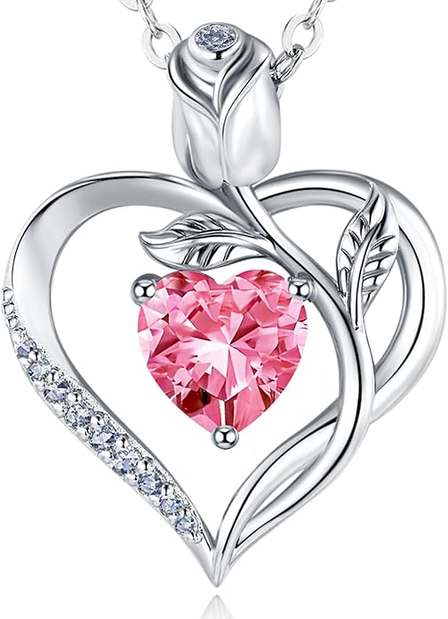 1.2CT Rose Heart Necklace Option of Moissanite or Lab-Grown Sapphire Ruby Emerald&More Necklace for Women Birthstone Girlfriend Necklace S925 Sterling Silver 18K White/Rose Gold Plated D Color VVS1 Gift for Wife Mother Daughter for Birthday Anniversary...