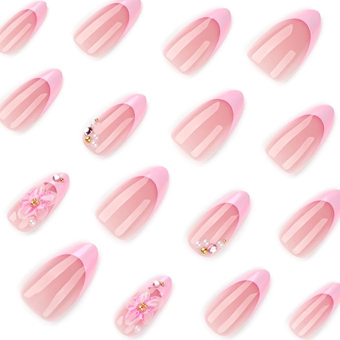 24Pcs French Tip Press on Nails with Charms 3D Pink Flower Designs Medium Almond Fake Nails French Nails Pink Stick on Nails Nail Tips Acrylic Nails Rhinestones Nails for Women Daily Wear