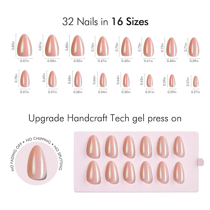 VSALON Press On Nails Short Almond, Nude Pink Pearl Chrome Shimmer Fake Nails With UV Glue, Reusable Stick On Nails Acrylic Neutral Glazed Donut Fall Gift Glue On Nails in 16 Sizes - 32 Nails Kit