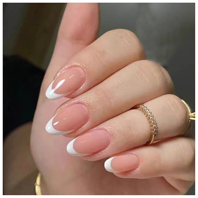 SHELWIN French Press On Nails Ready-To-Wear DIY Manicure Stick On Nails kit for Women 24 Pcs Short Medium Coffin Almond Shaped False Nails Gifts（Vanilla Cream）