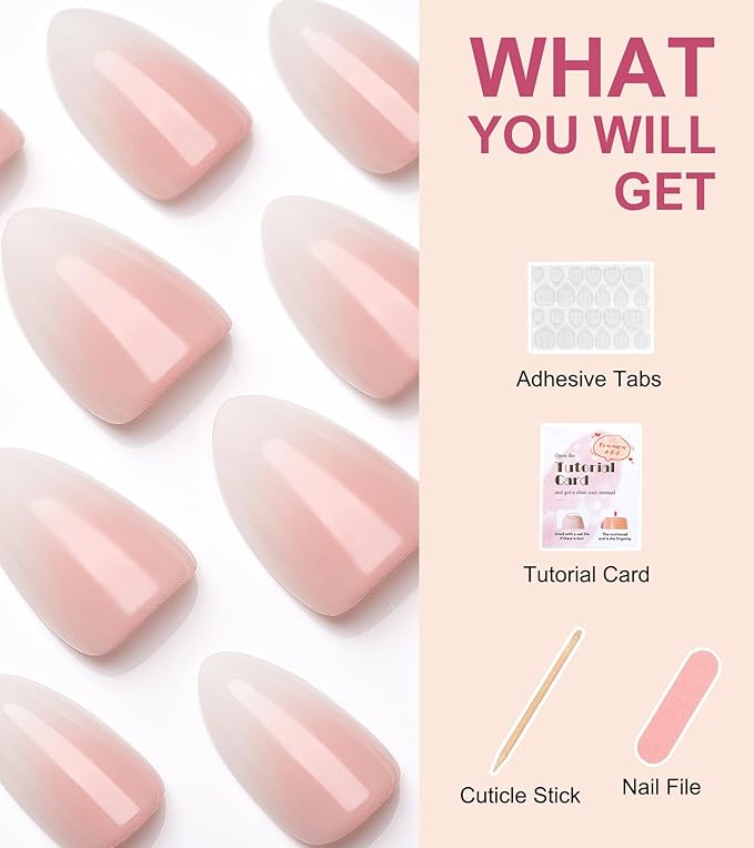 Morily 30Pcs Press on Nails Short Almond, Ombre Pink Fake Nails Acrylic False Nail Tips Reusable Full Cover Stick on Nails for Women - 15 Sizes