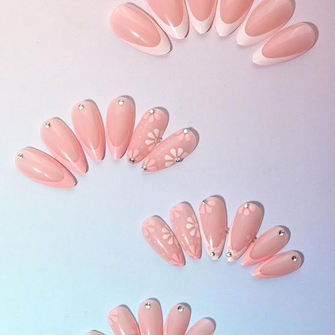 24Pcs Short Almond Press-On Nails Medium Pink Floral French Tip Glossy&Elegant Full Cover Fake Nails for Women&Girls Spring,Daily Wear