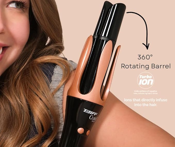 Taiff Automatic Curling Iron | 1¼" Rotating Barrel with Ion Technology | PTC Fast Heating | 3 Heat Settings 340°F–410°F | Dual Voltage Hair Curler for Smooth Frizz Free Long Lasting Curls