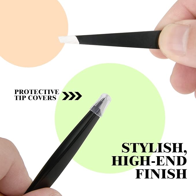 FIVETAS Stainless Steel Tweezers for Eyebrows-Slant Tweezer with Case for Women&Man,Great Precision on Brow,Facial Hair and Ingrown Hair Removal(Black)