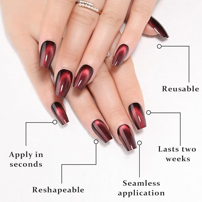 evpct Deep Burgundy Red Cat Eye Press on Nails Square Medium Coffin, Medium Square Stick on Nails for Women Gift, Dark Red Metallic Glitter Glossy Reusable Spring Summer Gel Press on Acrylic Fake Nail