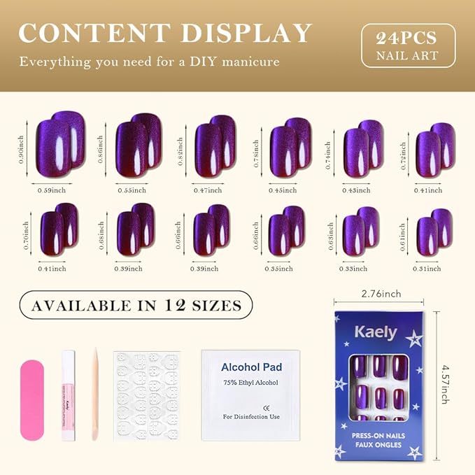 evpct Purple Blue Metallic Cat Eye Press on Nails Square Medium, Stick on Nails Medium Length Square for Women, Purple Metallic Nail press ons, Iridescent Glitter Halloween Acrylic Fake Press on Nail