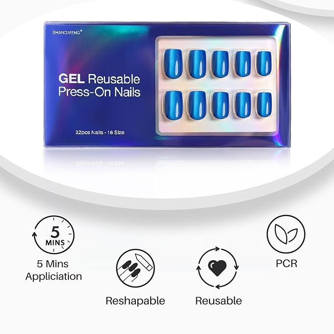 SHANGMENG Blue Cat Eye Press on Nails Square - Soft Gel Press on Nails Short for Women Gift, Fit Perfectly & Natural Stick on Nails with Glue in 16 Sizes - 32 Reusable Fake Nails, Royal Blue