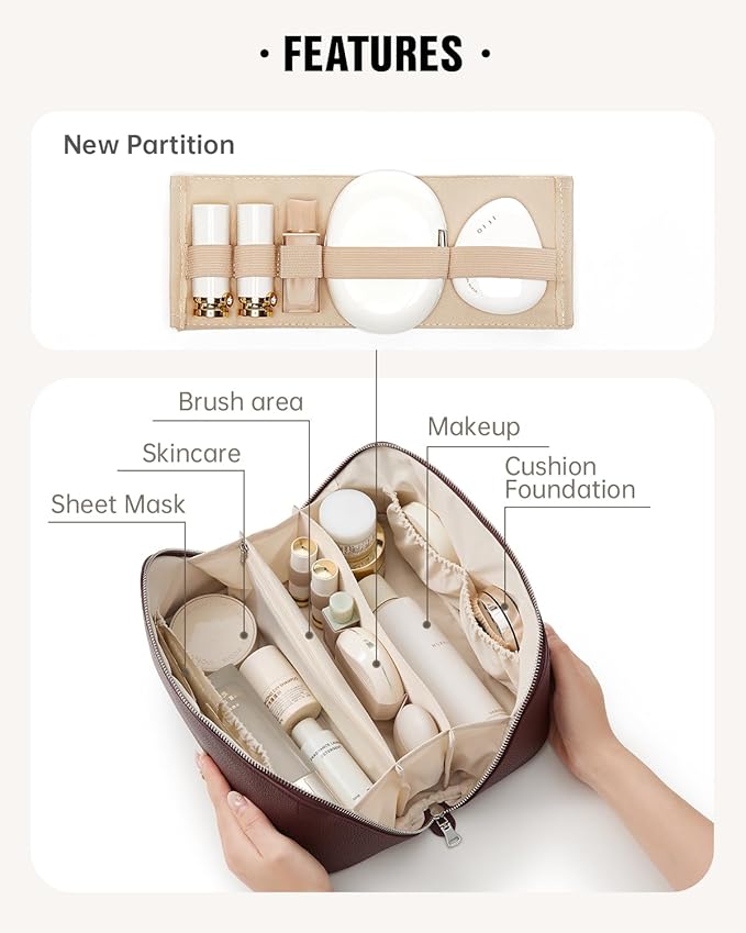 EACHY Travel Makeup Bag, Large Capacity Cosmetic Bag for Women, Waterproof PU Leather, Flat Open Portable Toiletry Bag for Skincare, Brushes & Travel Essentials