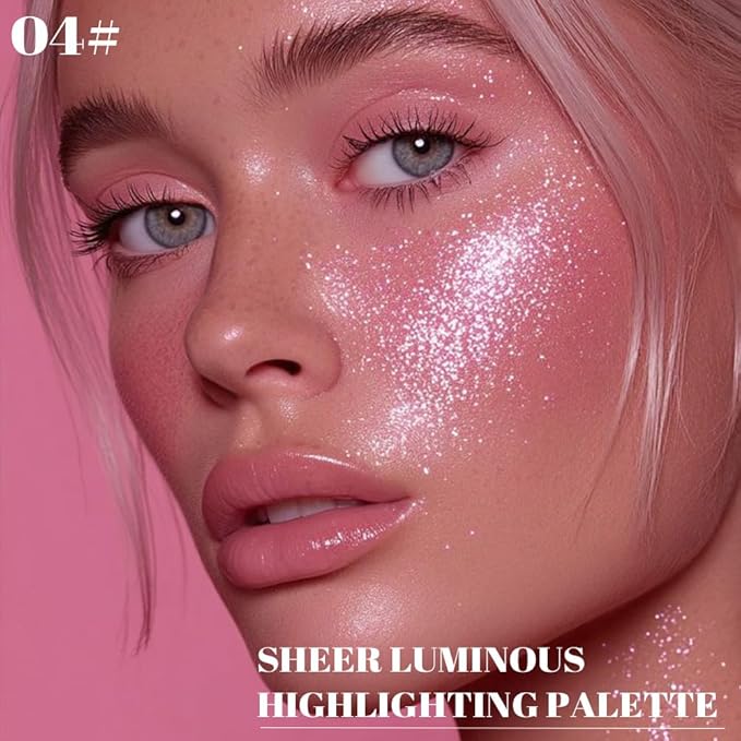 Highlighter Makeup Palette for Blush,Contour,Shadow,Face or Eye Makeup, Shimmer Glow, Creamy Mousse Pressed Powder, Intensely Pigmented, Glitter Sparkling (B03-04# Glass Pink)