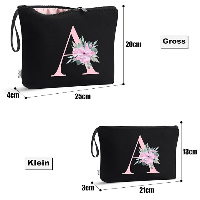 Vavabox A-Z Personalized Makeup Bag, Birthday Gifts for Women Mom, Gifts for Best Friend, Bride Bridesmaid Cosmetic bag (E, 04-Black Set)