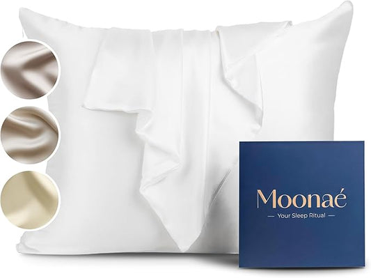 Moonaé Mulberry Silk Pillowcase – Pure Silk Pillow Cover for Healthier Hair & Smoother Skin – Soft, Breathable and Temperature-Regulating, Luxurious Silk Case Colors White-S