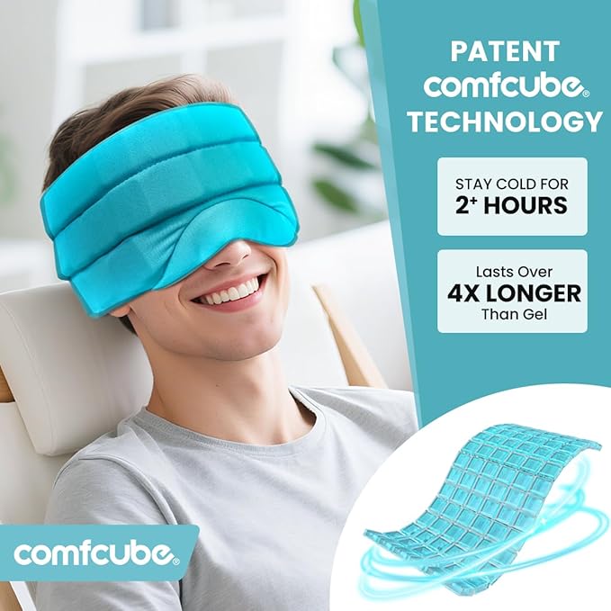 Comfcube Head Ice Pack for Migraine Relief, 2 Hours Long Lasting Cold Therapy Flexible Cold Pack Head Ice Wrap Cooling Mask for Headache, Sinus Pain, Tension, Stress, Puffy Eyes