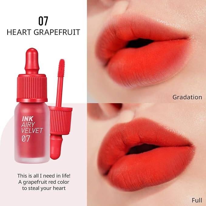 Peripera Ink Airy Velvet Lip Tint | High-Pigmentation, Lightweight, Soft, Moisturizing (007 HEART GRAPEFRUIT)