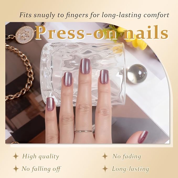 evpct Pale Mauve Cat Eye Short Press on Nails Square, Stick on Nails Short Square for Women Gift, Mauve Metallic Glitter Glossy nails press ons, Reusable Stick Press on Acrylic Fake Nail with Designs