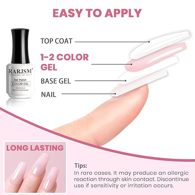 RARJSM Milky Pink Gel Nail Polish LED UV Gel Soak Off Transparent Nude Pink Nail GelPolish Varnish Nail Art Color 15ML Single Bottle for DIY Home French Manicure
