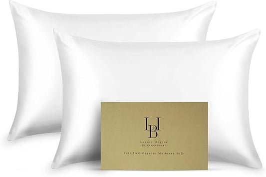 Silk Pillow Cases Certified Organic 100% Pure Mulberry Silk Pillowcase Grade 6A 25 Momme Pillowcase (Ivory, King, Pack of 2)