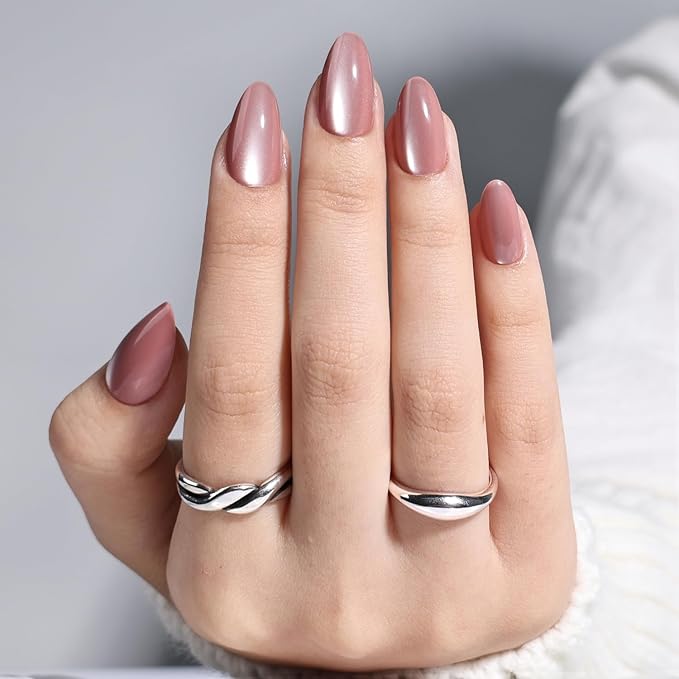 Leefrei Cat Eye Press On Nails - Glazed Pink Press On Nails Short Almond Nails Press Ons for Women Fake Nails with Glue, Glossy Reusable Glue on Nail in 16 Sizes - 32pcs, Blush Aurora