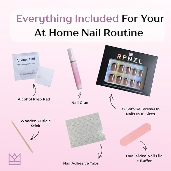RPNZL Press On Nails - Midnight | Chrome Black French Tip, UV Finish Short Squoval Nails, Reusable, Salon Quality | 32 Nails, 16 Sizes Kit with Glue and Adhesive Tabs