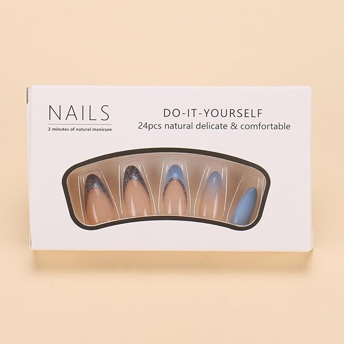 SHELWIN French Press On Nails Ready-To-Wear DIY Manicure Stick On Nails kit for Women 24 Pcs Short Medium Coffin Almond Shaped False Nails Gifts（Blue Frosted）