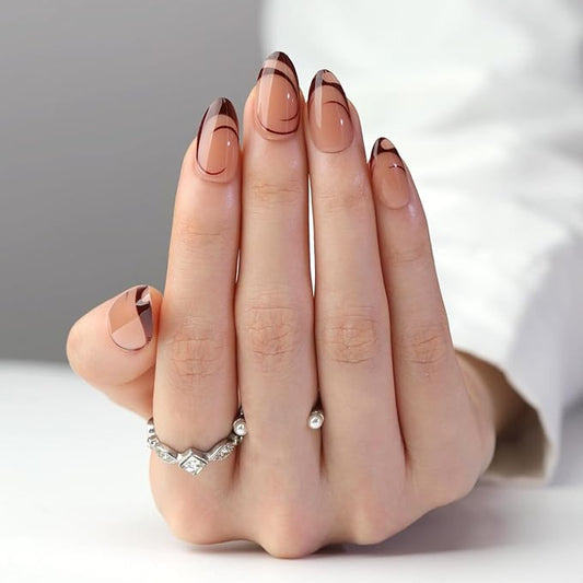 XZMeiLun Brown French Tip Press On Nails Acrylic for Women - Designer Fake Nails Short Almond 24PCS, Glossy Soft Gel with Glue, Outdoor Picnic/Wedding/Party Reusable Glue On Nails Stick On Nails Gift