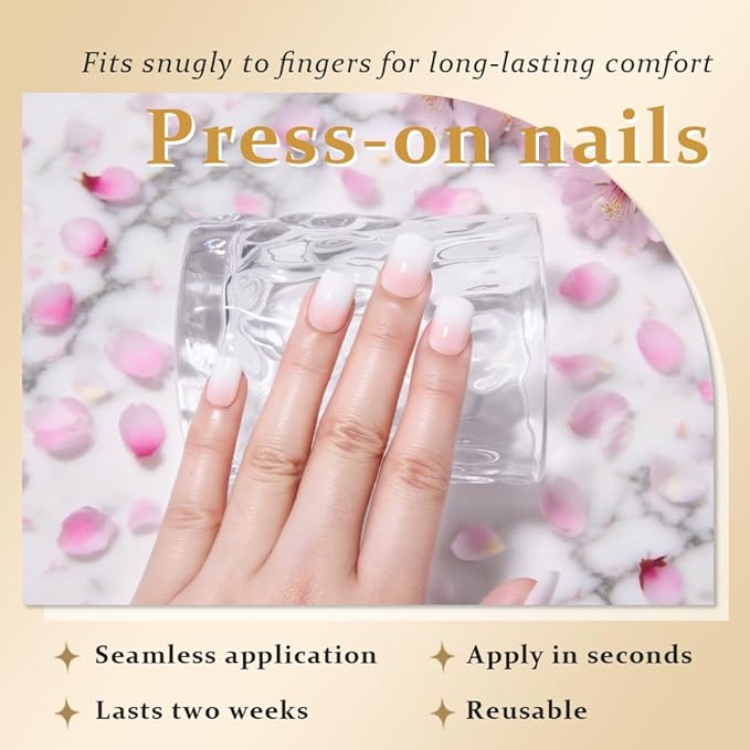 evpct Ombre Glossy Press on Nails Short Square, Nude to White Glossy Fake Nails Reusable, Acrylic False Nail Stick on Press ons for Women Gifts, Color Ombre Artificial False Nail with Kit, 30Pcs